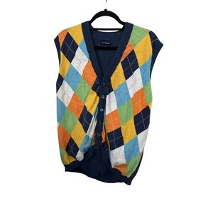 Vintage Blue Button Up Sweater Vest with Multicolor Argyle Print